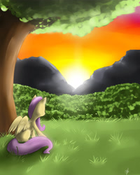 Size: 4000x5000 | Tagged: safe, artist:sacred-hedge, fluttershy, pegasus, pony, female, mare, solo, sunset