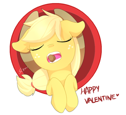 Size: 1280x1165 | Tagged: safe, artist:sion, applejack, earth pony, pony, chocolate, eyes closed, floppy ears, mouth hold, open mouth, solo, valentine's day
