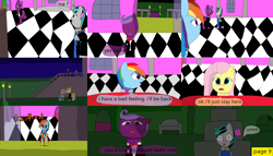 Size: 11550x6600 | Tagged: safe, artist:mellowbomb, derpibooru import, fluttershy, rainbow dash, oc, oc:closingrain, pegasus, pony, comic:calamity fateful, 1000 hours in ms paint, absurd resolution, dialogue