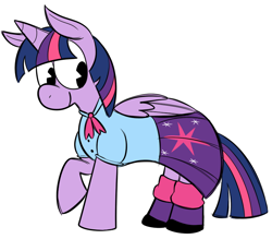 Size: 800x700 | Tagged: safe, artist:karpet-shark, derpibooru import, twilight sparkle, twilight sparkle (alicorn), alicorn, pony, clothes, equestria girls outfit, raised hoof, simple background, smiling, solo, twily-daily, white background