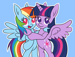 Size: 2532x1922 | Tagged: safe, artist:tridashie, derpibooru import, rainbow dash, twilight sparkle, twilight sparkle (alicorn), alicorn, pegasus, pony, bipedal, blue background, female, hug, lesbian, looking at you, mare, shipping, simple background, smiling, twidash