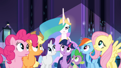 Size: 1366x768 | Tagged: safe, screencap, applejack, fluttershy, pinkie pie, princess celestia, rainbow dash, rarity, spike, twilight sparkle, twilight sparkle (alicorn), alicorn, equestria girls, mane seven, mane six