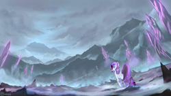 Size: 1920x1080 | Tagged: dead source, safe, artist:shamanguli, rarity, pony, unicorn, crystal, mountain, pillar, scenery, solo