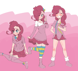 Size: 2200x2000 | Tagged: dead source, safe, artist:applestems, pinkie pie, human, :p, blushing, clothes, cute, diapinkes, eye clipping through hair, eyes closed, female, high res, humanized, multeity, one eye closed, shorts, sitting, skirt, smiling, socks, solo, striped socks, tongue out, wink, zettai ryouiki