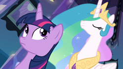 Size: 1366x768 | Tagged: safe, screencap, princess celestia, twilight sparkle, alicorn, pony, unicorn, equestria girls, duo, duo female, female, horn, mare