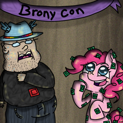 Size: 666x666 | Tagged: safe, artist:justanotherponyfag, pinkie pie, human, 2014, banner, brony, brony stereotype, bronycon, color communications badges, convention, fedora shaming, glasses, green, hat, looking up, neckbeard, open mouth, red, rubbing, smiling, sweat, trilby