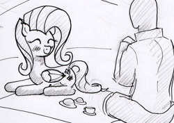 Size: 1417x1002 | Tagged: artist needed, safe, fluttershy, oc, oc:anon, human, blushing, cute, eyes closed, monochrome, prone, sitting, sketch, smiling, tea party, teacup, traditional art