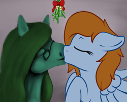 Size: 1250x1000 | Tagged: safe, artist:fearingfun, artist:tempusfidgets, derpibooru import, oc, oc:fearingfun, oc:tempus fidgets, earth pony, pegasus, pony, kissing, male, mistletoe, simple background