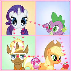 Size: 720x720 | Tagged: safe, edit, applejack, rarity, spike, trenderhoof, dragon, earth pony, pony, unicorn, apple, cargo ship, that pony sure does love apples