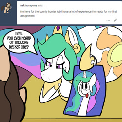 Size: 576x576 | Tagged: safe, artist:pembroke, princess celestia, oc, alicorn, pony, bottom heavy, celestia stuff, crown, dialogue, hoof on chin, jewelry, picture, regalia, thiklestia, tongue out, tumblr