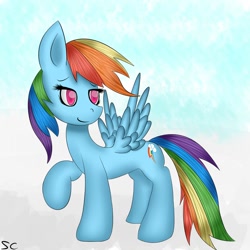 Size: 894x894 | Tagged: safe, artist:scarletcurl, derpibooru import, rainbow dash, pegasus, pony, female, mare, simple background, solo