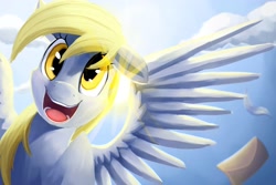 Size: 3000x2000 | Tagged: safe, artist:camyllea, derpy hooves, pegasus, pony, cloud, crepuscular rays, cute, female, happy, looking at you, mail, mare, open mouth, sky, solo, spread wings, sun, sunlight
