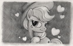 Size: 800x507 | Tagged: safe, artist:hewison, applejack, earth pony, pony, bedroom eyes, grayscale, heart, looking at you, monochrome, solo, traditional art