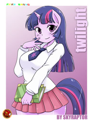 Size: 800x1040 | Tagged: safe, artist:skyraptor, derpibooru import, twilight sparkle, anthro, unicorn, ambiguous facial structure, book, breasts, clothes, cute, female, gradient background, impact font, looking at you, miniskirt, necktie, shepherd0821-ish, simple background, skirt, smiling, solo, twiabetes, white background, wide hips