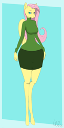 Size: 1024x2050 | Tagged: safe, artist:wynsten, fluttershy, anthro, unguligrade anthro, bottom heavy, clothes, female, long legs, simple background, skinny, skirt, solo, sweater, sweatershy, turtleneck, wide hips