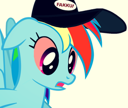 Size: 730x612 | Tagged: safe, artist:fillylover, derpibooru import, rainbow dash, pegasus, pony, cap, fakku, hat, high, logo, request, solo