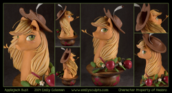 Size: 1250x674 | Tagged: safe, artist:antiander, artist:emilysculpts, applejack, bust, feather, irl, photo, sculpture, style emulation