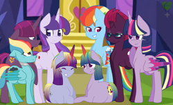 Size: 1023x622 | Tagged: safe, artist:ambroiseviridian, derpibooru import, fizzlepop berrytwist, rainbow dash, tempest shadow, twilight sparkle, twilight sparkle (alicorn), alicorn, pegasus, pony, unicorn, family, female, lesbian, magical lesbian spawn, offspring, parent:rainbow dash, parent:rarity, parent:tempest shadow, parent:twilight sparkle, parent:zephyr breeze, parents:rarilight, parents:tempestlight, parents:twidash, parents:zephdash, rainbow power, shipping, tempestlight, twidash