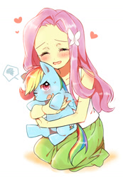 Size: 822x1190 | Tagged: safe, artist:merryyy87, derpibooru import, fluttershy, rainbow dash, butterfly, pegasus, pony, equestria girls, blushing, clothes, eyes closed, female, flutterdash, heart, holding a pony, lesbian, mare, one eye closed, open mouth, shipping, shirt, simple background, skirt, smiling, tsundere, white background