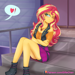 Size: 3000x3000 | Tagged: safe, artist:katakiuchi4u, sunset shimmer, better together, equestria girls, black underwear, blushing, boots, boyshorts, clothes, cute, female, geode of empathy, jacket, leather jacket, legs, one eye closed, panties, patreon, patreon logo, pictogram, shimmerbetes, shirt, shoes, skirt, solo, stairs, tsundere, tsunset shimmer, underwear, upskirt, wink