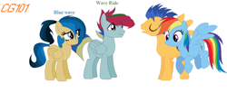 Size: 1024x423 | Tagged: safe, artist:peep-dis, derpibooru import, flash sentry, rainbow dash, oc, oc:blue wave, oc:wave ride, pegasus, pony, base used, family, female, flashdash, male, mare, offspring, parent:flash sentry, parent:rainbow dash, parents:flashdash, shipping, simple background, stallion, straight, white background