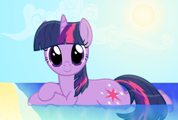 Size: 4000x2700 | Tagged: safe, artist:galekz, derpibooru import, twilight sparkle, pony, beach, cloud, cute, female, looking at you, mare, smiling, solo, sun