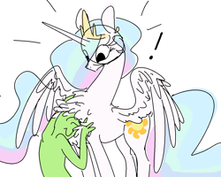 Size: 1101x879 | Tagged: safe, artist:nobody, princess celestia, oc, oc:anon, human, chest fluff, cuddling, exclamation point, female, fluffy, mare, sketch, snuggling, spread wings, surprised, wide eyes