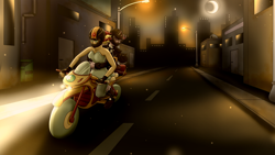 Size: 2560x1440 | Tagged: safe, artist:luvlessi, sci-twi, sunset shimmer, twilight sparkle, fanfic:pigeon toes, equestria girls, city, duo, fanfic, fanfic art, helmet, moon, motorcycle, night