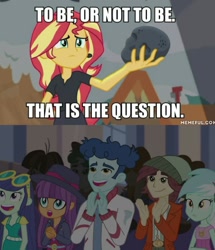 Size: 1237x1438 | Tagged: safe, edit, edited screencap, screencap, blueberry cake, curly winds, ginger owlseye, lyra heartstrings, normal norman, scott green, scribble dee, some blue guy, sunset shimmer, valhallen, wiz kid, better together, equestria girls, opening night, background human, hamlet, meme, william shakespeare