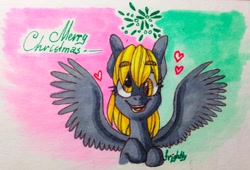 Size: 1280x868 | Tagged: safe, artist:theorderofalisikus, derpy hooves, pegasus, pony, christmas, heart, looking at you, merry christmas, mistletoe, smiling, solo, traditional art