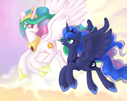 Size: 1024x819 | Tagged: safe, artist:littlebuster-k2, princess celestia, princess luna, alicorn, pony, crown, female, flying, horn, jewelry, mare, regalia, siblings, sisters