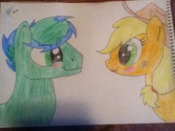 Size: 960x720 | Tagged: safe, artist:rarity'slover, applejack, oc, earth pony, pony, blushing, canon x oc, cute, green eyes, hat, smiling, traditional art