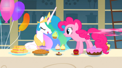 Size: 1366x768 | Tagged: safe, screencap, pinkie pie, princess celestia, alicorn, earth pony, pony, a bird in the hoof, balloon, cake, cupcake, duo, duo female, eating, eyes closed, female, food, mare, open mouth, pie, sandwich, smiling