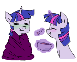 Size: 960x768 | Tagged: safe, artist:annie-aya, derpibooru import, dusk shine, twilight sparkle, blanket, feeding, magic, rule 63, self ponidox, sick, soup