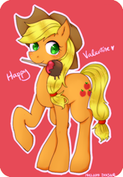 Size: 416x600 | Tagged: safe, artist:divided-s, applejack, earth pony, pony, apple, caramel apple (food), caramel flavouring, food, mouth hold, raised hoof, solo, valentine's day