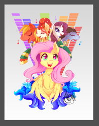 Size: 4500x5700 | Tagged: safe, artist:thenornonthego, big macintosh, fluttershy, rarity, earth pony, pegasus, pony, unicorn, filli vanilli, absurd resolution, happy, male, music notes, ponytones, singing, stallion, the ponytones