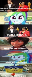 Size: 1024x2458 | Tagged: safe, derpibooru import, edit, edited screencap, screencap, rainbow dash, human, equestria girls, rainbow rocks, big hero 6, cheryl boone, chris pine, hiro hamada, image macro, irl, irl human, meme, oscar, photo, sponge out of water, spongebob squarepants, wrong aspect ratio