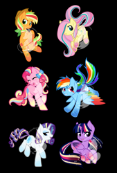 Size: 1926x2856 | Tagged: safe, artist:fuyusfox, derpibooru import, applejack, fluttershy, pinkie pie, rainbow dash, rarity, twilight sparkle, twilight sparkle (alicorn), alicorn, earth pony, pegasus, pony, unicorn, black background, chibi, female, mane six, mare, rainbow power, simple background, watermark