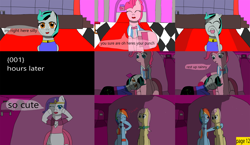 Size: 3648x2112 | Tagged: safe, artist:mellowbomb, derpibooru import, fluttershy, pinkie pie, rainbow dash, rarity, oc, oc:closingrain, earth pony, pegasus, pony, unicorn, comic:calamity fateful, 1000 hours in ms paint, dialogue