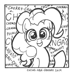 Size: 885x900 | Tagged: safe, artist:abronyaccount, pinkie pie, earth pony, pony, chimicherrychanga, lineart, monochrome, solo