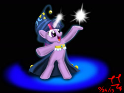 Size: 1600x1200 | Tagged: safe, artist:tomtornados, derpibooru import, star swirl the bearded, twilight sparkle, pony, bipedal, blue spotlight, colored, dark, magic, solo, sparks