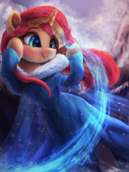 Size: 2250x3000 | Tagged: safe, artist:vanillaghosties, sunset shimmer, pony, unicorn, clothes, crossover, cute, disney, dress, female, frozen (movie), ice, magic, mare, not fiery shimmer, shimmerbetes, smiling, solo