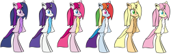 Size: 1721x555 | Tagged: safe, artist:ikuntyphoon, derpibooru import, applejack, fluttershy, pinkie pie, rainbow dash, rarity, twilight sparkle, earth pony, pony, unicorn, bipedal, mane six, pinkamena diane pie, recolor