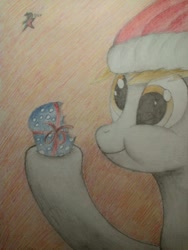 Size: 576x768 | Tagged: safe, artist:ponystarpony, derpy hooves, pegasus, pony, bow, bust, eating, female, food, hat, mare, muffin, portrait, santa hat, solo, traditional art