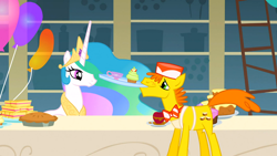 Size: 1366x768 | Tagged: safe, screencap, carrot cake, princess celestia, alicorn, pony, a bird in the hoof, female