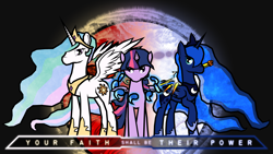 Size: 3200x1800 | Tagged: safe, artist:bluesparkks, princess celestia, princess luna, twilight sparkle, alicorn, pony, okami, solar flare (okami), thunder edge (okami), tundra beads (okami)