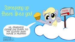 Size: 1024x576 | Tagged: safe, artist:newportmuse, derpy hooves, pegasus, pony, cloud, female, food, looking at you, mailbox, mare, muffin, signature, speech bubble, yellow words