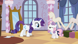 Size: 1366x768 | Tagged: safe, screencap, rarity, sweetie belle, pony, unicorn, sisterhooves social, pouting