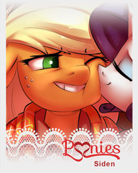 Size: 640x800 | Tagged: safe, artist:siden, applejack, rarity, earth pony, pony, unicorn, female, kissing, lesbian, p<3nies, rarijack, shipping