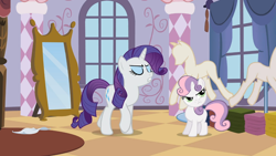 Size: 1366x768 | Tagged: safe, screencap, rarity, sweetie belle, pony, unicorn, sisterhooves social, female, filly, horn, mare, siblings, sisters